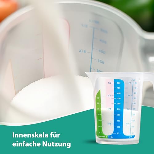 Foto von MiraHome 4er Set bunt – 2 Messbecher mit 1L & 2 mit 500ml – bruchsichere Kunststoff-Messbecher für Küche – Skala für ml/L, Cups & Gramm für Zucker/Mehl – Austrian Quality