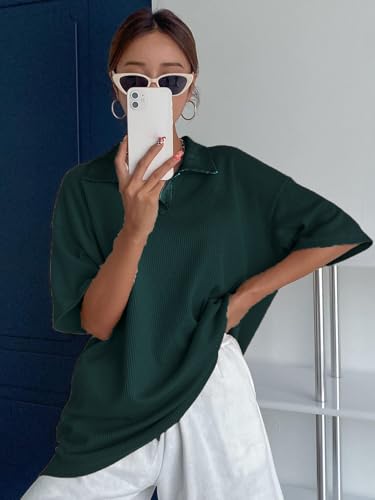Image of Zilcon Womens Half Sleeve Oversized Tshirt for Woman Trendy Casual V Neck Summer Collared Preppy Tops Fashion Loose Fitted Western Tops for Women Stylish