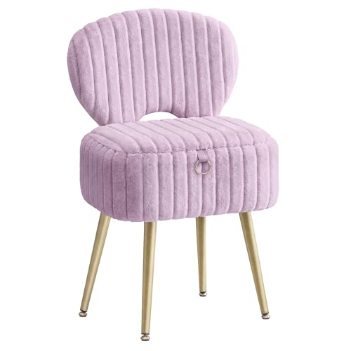 Image of SONGMICS Small Vanity Chair with Storage and Folding Back, Vanity Stool, Footrest Footstool Ottoman, Dressing Table Stool, Furry Padded Seat, for Makeup Room, Bedroom, Light Lilac ULOM532PE01