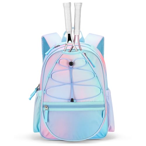 Choco Mocha Kids Tennis Bag for Girls 16 Inch Youth & Junior Tennis Backpack with Shoe Compartment Holds 2 Rackets (2123 Inch) Dot Blue Pink