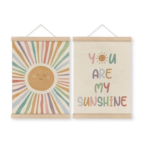 Image of MAQIKA You Are My Sunshine Poster Framed with Wood Hanger Set of 2, Sunshine Nursery Wall Decor, Inspirational Quotes Canvas Art 12x16 Inch