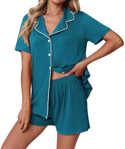 Image of Ekouaer Pajamas Set for Women 2 Piece Pjs Short Sleeve Sleepwear Button Down Lounge Shorts Sets S-XXL
