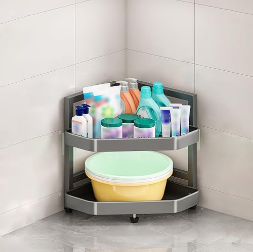 KJHWYXD Estantería Baño Sin Taladro, Organizador De Ducha Esquinero De Pie, Repisa De Ducha Regulable En Altura, para Accesorios De Baño O Cocina, para Encimera, Champú Y Gel(Size:2 Tier,Color:Gris)