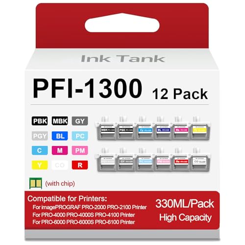 Image of PFI-1300 Ink Cartridge PFI1300 Ink Tank 330ML Remanufactured for Canon imagePROGRAF PRO-2000 PRO-2100 PRO-4000S PRO-4000 PRO-4100 PRO-6000 PRO-6000S Printer (12 Pack-MBK /PBK /C /M /Y /R /GY /B /PM /PC /PGY /CO)