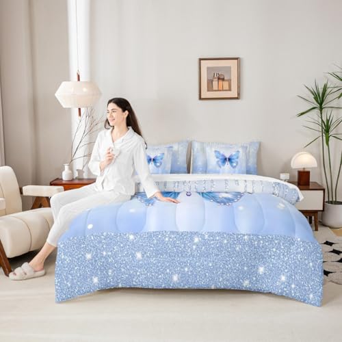 Image of Feelyou Butterfly Queen Comforter Set with Sheets for Kids Boys Girls Dreamy Princess 7 Pieces Bedding Set Glitter Bed in a Bag Watercolor Butterflies Room Decor Soft Lightweight Microfiber