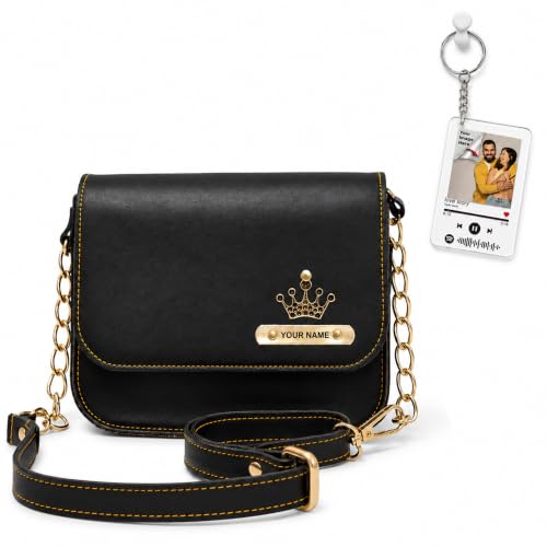 Image of SAVRI Personalized Rakhi Gift for Sister | Customized Leather Sling Bag with Name & Charm and Spotify Photo Keychain with Favourite Song, Personalised Gift Combo for Sister, Behan, Didi- Bro Sis Gift