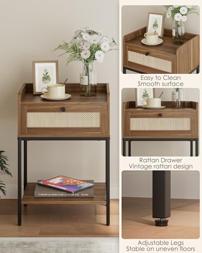 Image of Masupu Rattan Nightstand,3-Tier Modern Bedside Night Stand with Storage Drawer and Shelf,Small End Side Table for Bedroom,Living Room,Walnut Brown (Without Outlet, Brown)