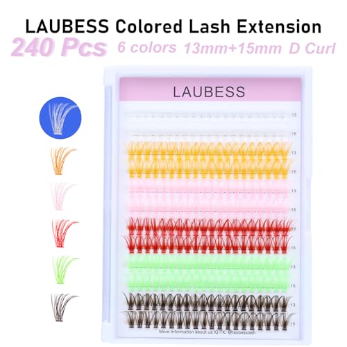 Image of Colored Lash Clusters LAUBESS Colored Eyelash Clusters Wispy Colored Lash Extensions Colorful Lash Clusters Individual Lashes White Orange Light Pink Red Green Dark Brown (Colorful 0.07D, 13 /15mm)