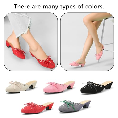 Heiyom Women's Bow Low Block Chunky Heels Mules Pointed Toe Backless Slip on Slippers Sandals Comfortable Dress Work Pumps2