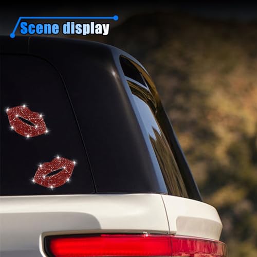 Image of 2PCS Bling Rhinestone Car Sticker Decal, Self Adhesive Crystal Red Lip Sticker for Women, Bumper Decoration Decal for Car, Window, Mirror, Laptop, Truck, Motorcycle, Helmet (Red Lip)