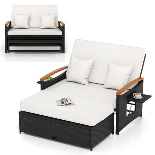 RELAX4LIFE Wicker Patio Outdoor Daybed with Trays