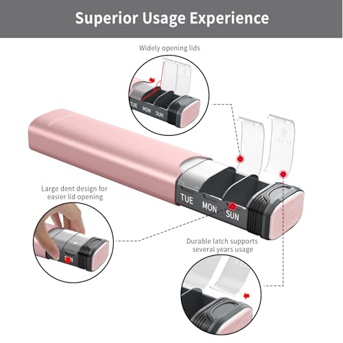 Serfeymi Tablettenbox 7 Tage - Metall Medikamentenbox, Pillendose, Tabletten Organizer(Ersatzdichtung enthalten),Pillenbox,Dispenser Medikamente für Pill, Supplement mit individuellem Deckel-Rosa