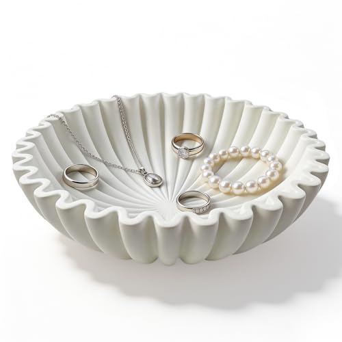 LZYDKH Deko Schale Schlüsselschale Beige Jakobsmuschelschale Rund Dekoschale Vintage-Ringschale Gewelltes Handgefertigtes Kunstwerk für Wohnzimmer Flur Tischdeko