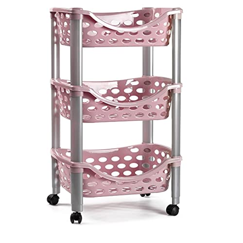 Tradineur - Carrito verdulero de plástico con 3 Niveles y Ruedas - PLFT Aire - Cestas apilables portaobjetos- 65 x 39,5 x 29,5 cm - Color Rosa con Patas Grises.