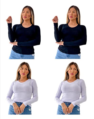 Kit 4 blusas Gola V Manga Longa Feminina (G, Preto/Cinza-Escuro/Vinho/Azul-Marinho)