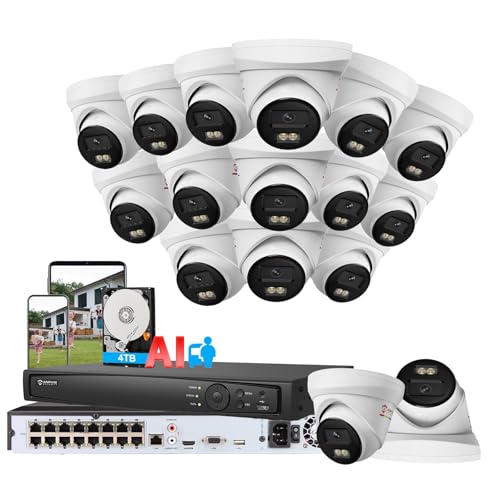 Anpviz 12MP 16CH PoE Security Camera System,16pcs 5MP Wired Turret PoE IP Cameras, Smart Color Night Vision, Human/Vehicle Detection, 12MP/4K 16 Channel NVR with 4TB HDD for Businesses (H Series)