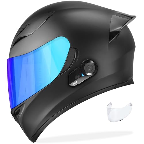 GDM Motorcycle Helmet with Bluetooth Headset - Large (Matte Black, with Clear & Iridium Shields)