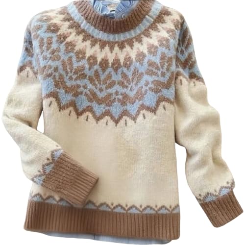 Women's Retro Brown Mock Neck Sweaters Chunky Long Sleeve Knit Pu...