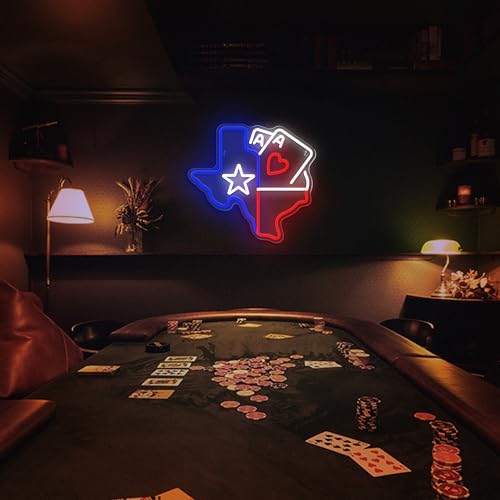 Image of Poker Neon Sign Dimmable Playing Cards Neon Signs Texas Map Shape Neon Light for Poker Room Man Cave Club Pub Bistro Pub Home Bar Party Bedroom Decor USB Powered