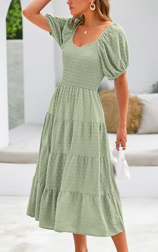 PRETTYGARDEN Women's Spring Dresses 2025 Puff Sleeve V Neck Swiss Dot High Waist Chiffon Dress Tiered Smocked Maxi Dresses3