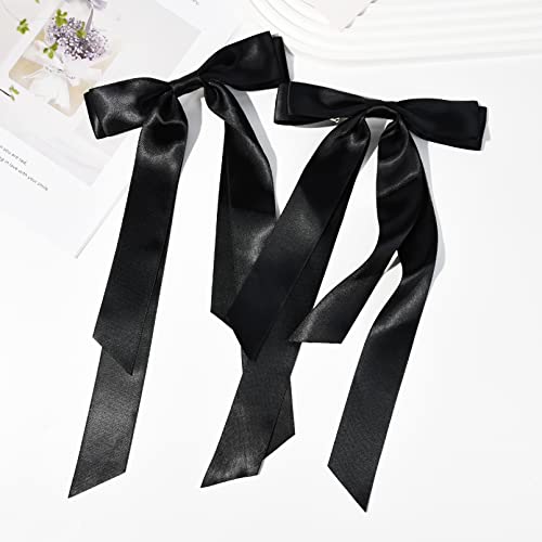 Large Satin Hair Bows 2Pcs Hair Ribbons For Women Ceelgon Big Long Black Ballet Style Hair Bows French Barrette Vintage Accessories For Girls-Black #TOP4