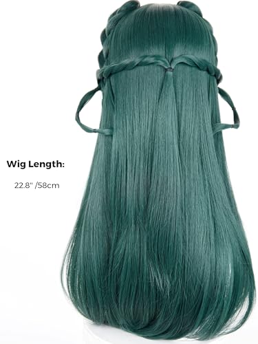 Image of Half and Half Maomao Cosplay Wig + Braid Hair Clips, 22.8'' Long Straight Dark Green Anime Wigs with Bangs for Women Halloween Party Daily