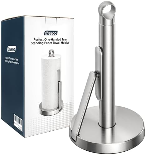 theaoo Heavy-Duty Stainless Steel Paper Towel Holder with Tension Arm – Easy One-Handed Tear, Modern Standing Countertop Dispenser for Kitchen, Holds All Paper Towel Rolls (1, Silver)