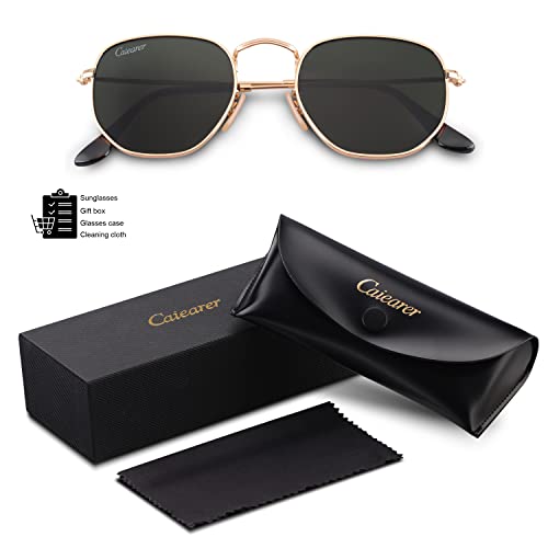 Image of Hexagon Style Flat Glass Lenses Metal Frame Sunglasses UV400 Protection For Men Women