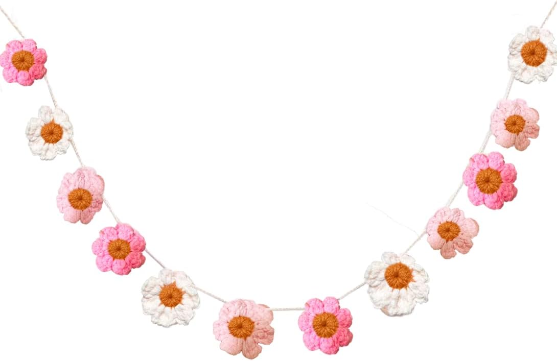 Boho Crochet Daisy Garland, Pink Flower Banner Garland Decoration, for Baby Girl Nursery Daisy Birthday Party Banner Baby Shower Decoration Hippie Groovy Decor