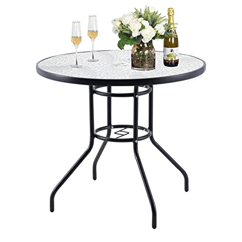 Kerrogee 32'' Outdoor Patio Table, Bistro Table With Tempered Glass Table Top And Umbrella Hole Steel Frame Outdoor Furniture Party Conversation Coffee Table For Garden Backyard Balcony Lawn #TOP24