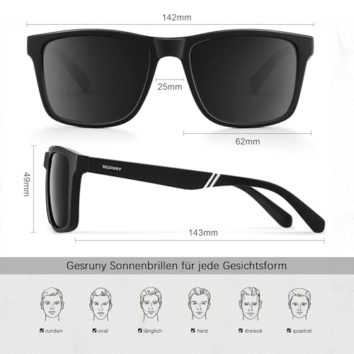 Gesruny Sonnenbrille Herren polarisiert sunglasses men UV400 Blend Schutz Rechteckig Ultraleicht Sonnenbrillen Klassisch Retro Unisex Outdoor sport brille Fahren Golf Angeln Reise,Schwarz