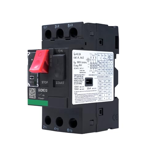 Motorschutzschalter 400V Motorleistungsschalter 690V 4-6.3A 3P Knopfsteuerungstyp Motorschutzschalter Bemessungsstoßspannung 6KV Schienenmontage (GV2ME10 Schwarz)