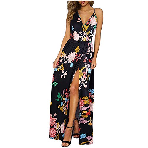 Keyiwa Maxi Dress For Women, Summer Sexy Side Slit Dresses Bohemian V-Neck Floral Print Sleeveless Dress, Multicolor, Large #TOP1