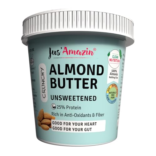 Image of Jus' Amazin Crunchy Almond Butter - Unsweetened (1 Kg Tub) | 25% Protein | Only Whole Almonds (100% Pure) | Zero Additives | 100% Natural | Dairy Free | Keto | Plant Based Nutrition | Clean Nutrition