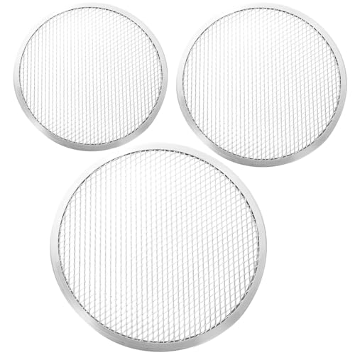 Amosfun Molde para Pizza de Aluminio 3 Piezas (10, 12 y 14 Pulgadas) Malla para Hornear, Bandejas Resistentes para Horno y Microondas, Utensilios Versátiles para Cocina y Repostería