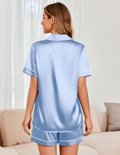 Image of Ekouaer Womens Satin Silk 2 Piece Pajamas Set Short Sleeve Sleepwear | Button Down Top and Shorts Loungewear Set for Sleep, Home, Wedding, Travel, Party, Daily Wear & Great for Sharing