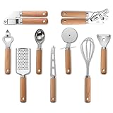 BRIIEC 9 Pieces Kitchen Gadget Set with Wooden Handle, Stainless Steel Kitchen Tools Bottle/Can Opener, IceCream Scoop, Pizza Cutter, Peeler, Garlic Press, Cheese Knife/Grater, Whisk.