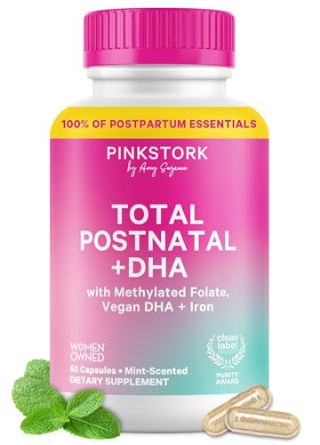Pink Stork Total Postnatal Vitamins for Women | Vegan Algae DHA, Methylated Folate, Iron, B12 | Postpartum Recovery + Lactation Support | No Fishy Burps | Clean Label Award Winner | 60 Capsules, Mint