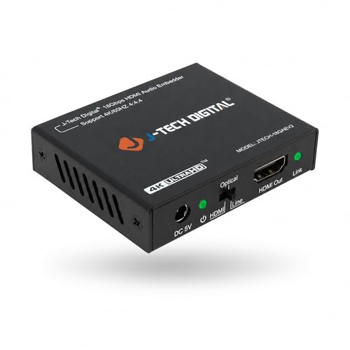 J-Tech Digital 18Gbps Digital/Analog Audio HDMI Embedder Inserter Support 4K@60Hz 4:4:4 HDR CEC HDCP2.2/1.4 with TOSLINK Optical 3.5mm Audio Input Options [JTECH-18GAEV2]