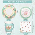 Whaline Tea Party Tableware Supplies Serves 24 Floral Tea Party Disposable Paper Dinnerware 24 9" Plates 24 7" Saucer Plate 24 9oz Tea Cups with Handle 48 Luncheon Napkins for Birthday Bridal Shower - Image 2