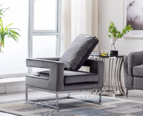 Cimoo Grey Velvet Accent Chair With Back, Modern Armchair Upholstered Single Chair Extra Wide Reading Chair For Bedroom Living Room With Sliver Legs #TOP4
