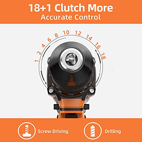 Afixccka Taladro Atornillador 21V, Taladros de Batería 45Nm Máx con 2 x 2.0Ah Baterías Litio, 13mm Mandril Automatico, 18+1 Ajuste de Par, 2 Velocidad, LED Luz Para Hogar, Bricolaje