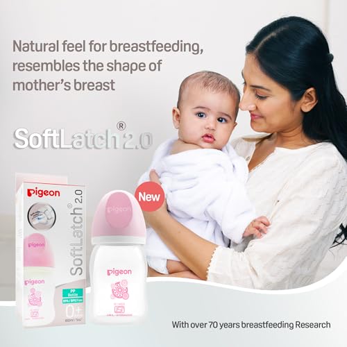 Image of Pigeon Softlatch 2.0 Wide Neck Feeding Bottle 160ML | Baby Milk Bottle for 0 Months to 3 Years | BPA-Free, Anti-Colic, Nipple Collapse-Resistant | Feeding Bottle for Kids & Toddlers (Pink Hood)