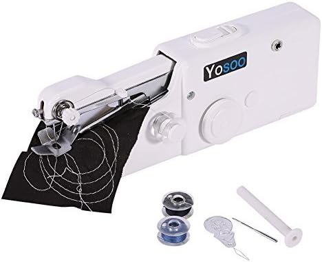 Yosoo Handheld Sewing Machine with included accessories: bobbins, needle threader, and spindle.