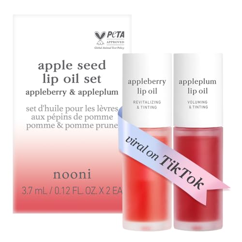 Image of NOONI Vegan Appleseed Lip Oil Set - Appleberry & Appleplum | Long-Lasting, Moisturizing, Plumping, Revitalizing for Dry Lips, Waterproof, No Peel Off, Korean Tint, 0.12 FL Oz x 2ea