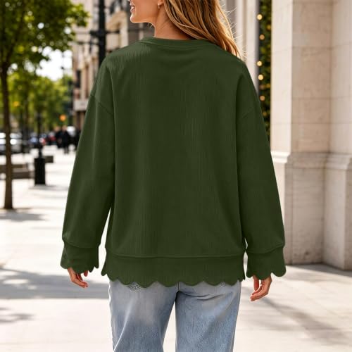 Womens Crew Neck Sweatshirt Fall Corduroy Pullover Scalloped Sweatshirt - image 3