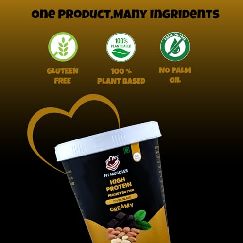 Image of Fit Muscles High Protein Chocolate Creamy Peanut Butter 500g, 36g Protein, Smooth Peanut Spread, Rich Chocolate Flavour, No Palm Oil, No Artificial Flavour, Healthy Breakfast & Gym Diet Food