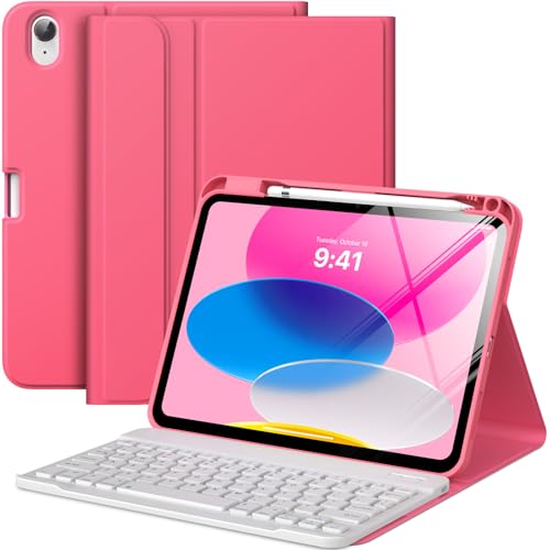 MoKo Hülle mit Tastatur für iPad A16 11 Generation 2025/10 Generation 2022(11/10.9 Zoll), TPU Schutzhülle, iPad 10. Gen Hülle mit Pencil Halter und magnetisch Abnehmbarer Tastatur mit QWERTY, Rosa
