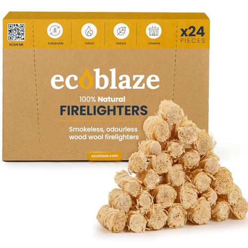 Ecoblaze Natural 24 Firelighters - Fire Lighters for BBQ, Pizza Oven, Fire Pits - Wood Wool Fire Starters - Perfect for Garden Life & Camping, Safe, Clean Wax Coated Instant Firestarter
