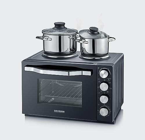 SEVERIN Mini-Four à chaleur tournante 30 L avec tournebroche et plaques de cuisson, Four posable 2 500 W design élégant, Mini-four électrique minuteur 120 min, Noir/Inox, TO 2074